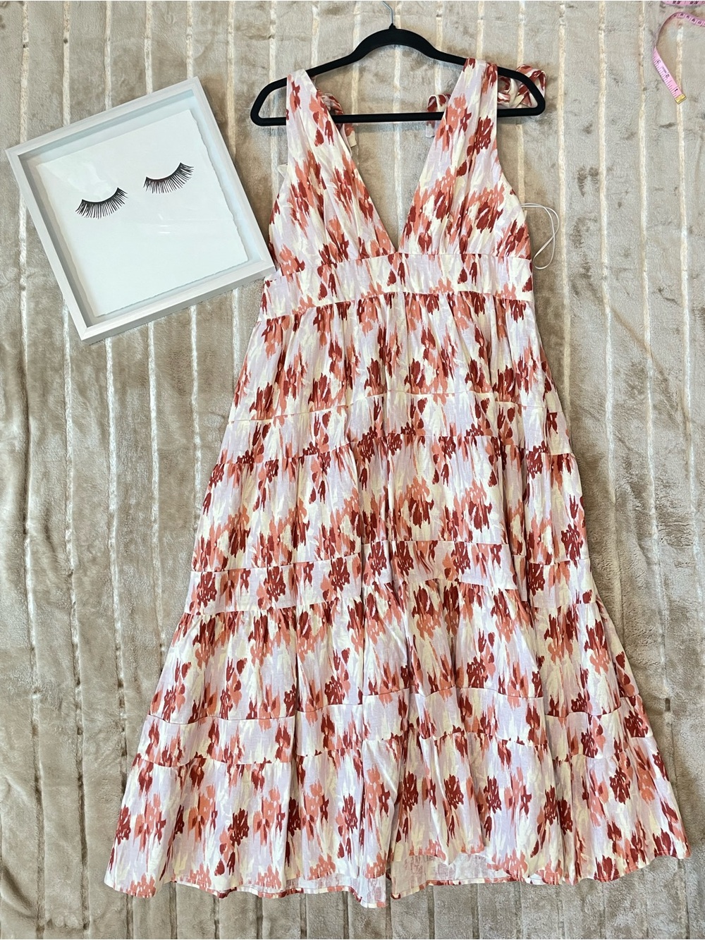 Amazing Linen Rayon Blend House of Harlow 1960 Cream and Rust Printed Dress
